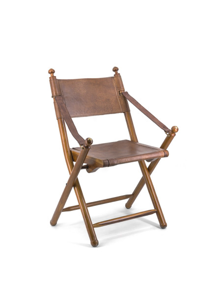 Chaise pliable en cuir et teck style colonial