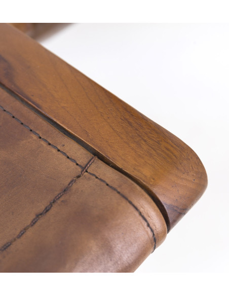 Chaise pliable en cuir et teck style colonial