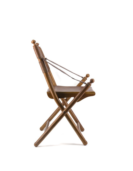 Chaise pliable en cuir et teck style colonial