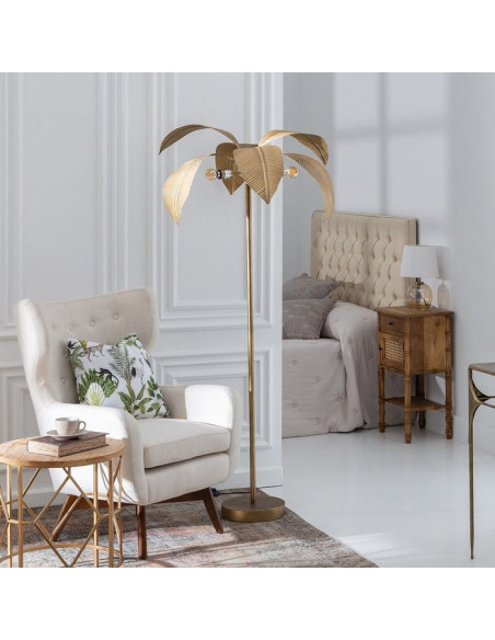 Lampe sur pied métallique dorée avec feuillage