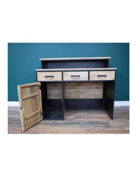 Bar comptoir métallique avec rangements et plateau bois massif