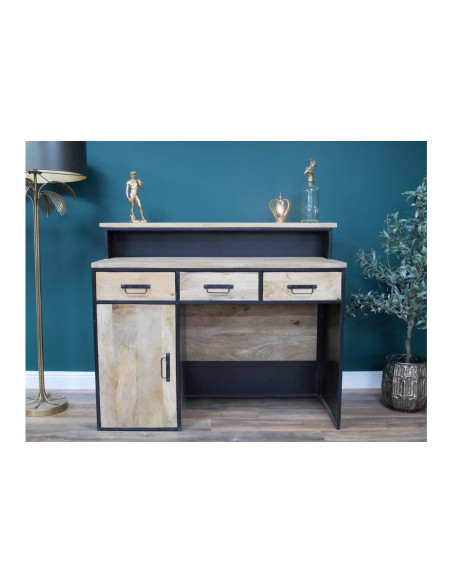 Bar comptoir métallique avec rangements et plateau bois massif