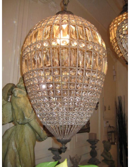 Lustre forme goutte d'eau en bronze et pampilles de verre