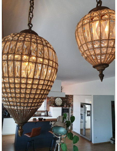 Lustre forme goutte d'eau en bronze et pampilles de verre