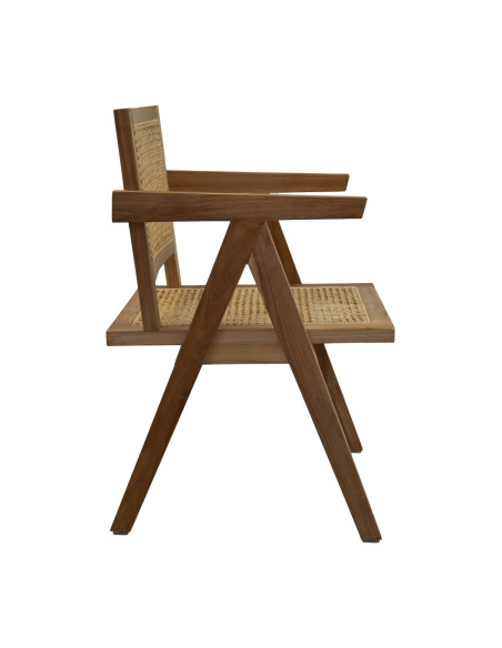 Chaise avec accoudoirs en teck massif et cannage