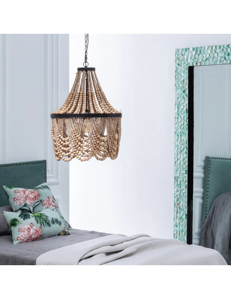 Lustre avec perles en bois naturel
