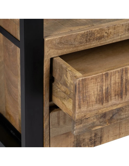 Meuble d'appoint en bois massif de manguier et métal avec tiroirs
