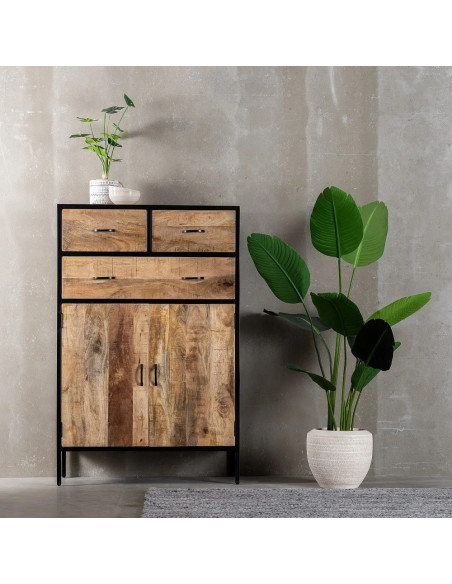 Meuble de rangement en manguier et métal 2 portes et 3 tiroirs