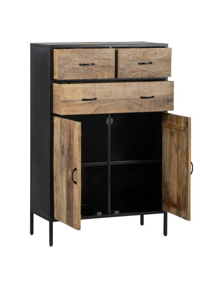 Meuble de rangement en manguier et métal 2 portes et 3 tiroirs
