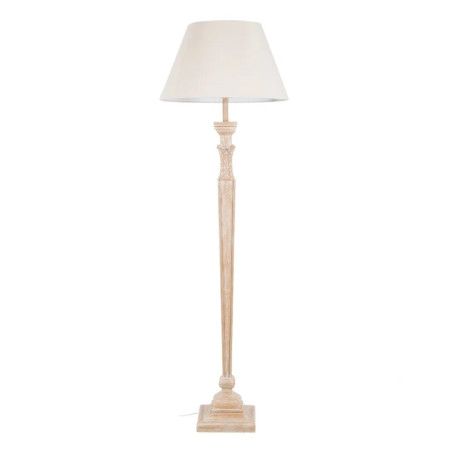 Lampadaire en bois sculpté avec abat-jour blanc