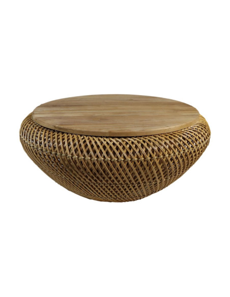 Table basse ronde rotin tressé et teck naturel