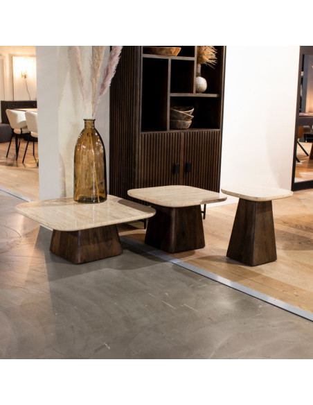 Petite table basse en manguier et travertin Travis