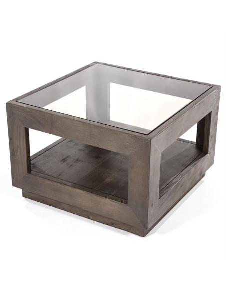 Table basse carrée en manguier et verre Liam