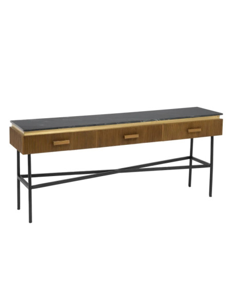 Grande console design avec 3 tiroirs et plateau marbre