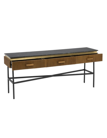 Grande console design avec 3 tiroirs et plateau marbre