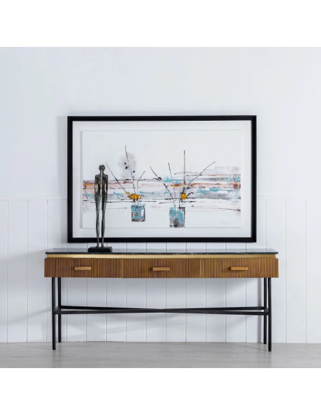 Grande console design avec 3 tiroirs et plateau marbre