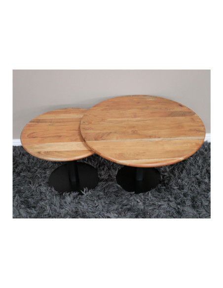 Lot de 2 tables basses rondes en manguier et métal