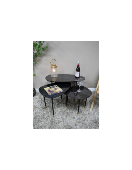 Lot de 3 tables basses gigognes en manguier laqué et métal