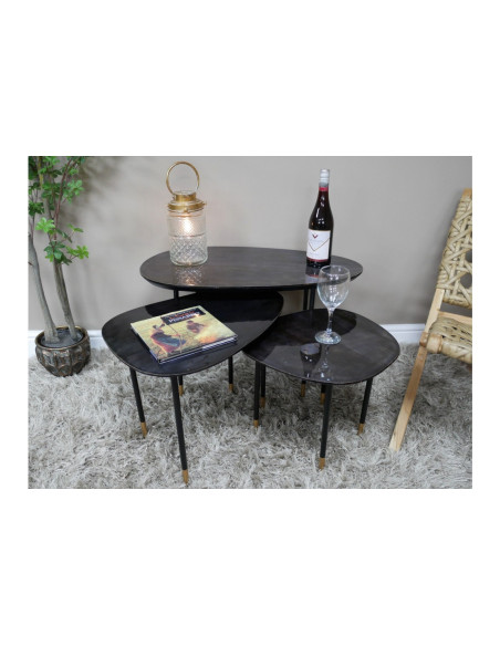 Lot de 3 tables basses gigognes en manguier laqué et métal