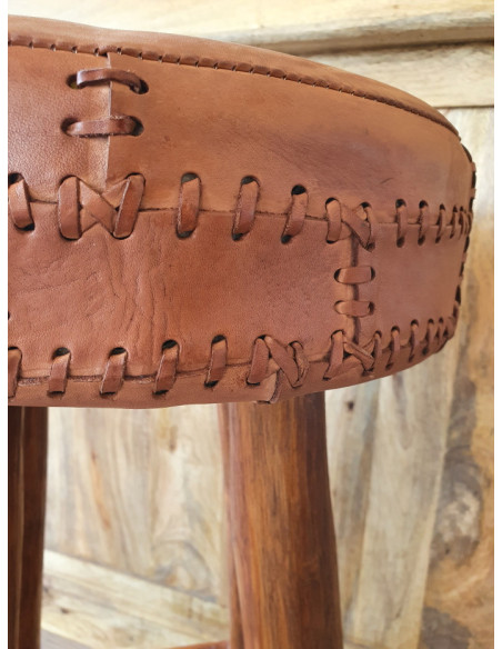 Tabouret de bar rond en cuir vintage
