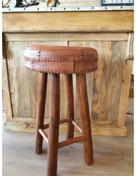 Tabouret de bar rond en cuir vintage