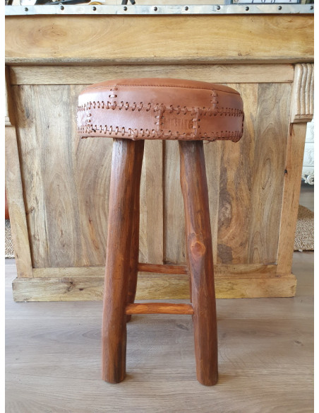 Tabouret de bar rond en cuir vintage