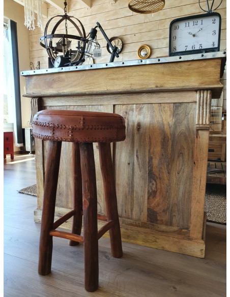 Tabouret de bar rond en cuir vintage