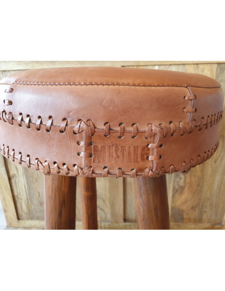 Tabouret de bar rond en cuir vintage
