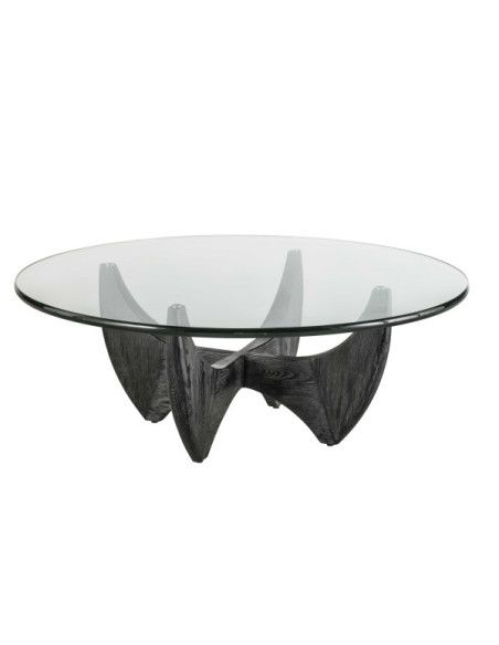 Table de salon ronde en chêne massif et plateau en verre transparent