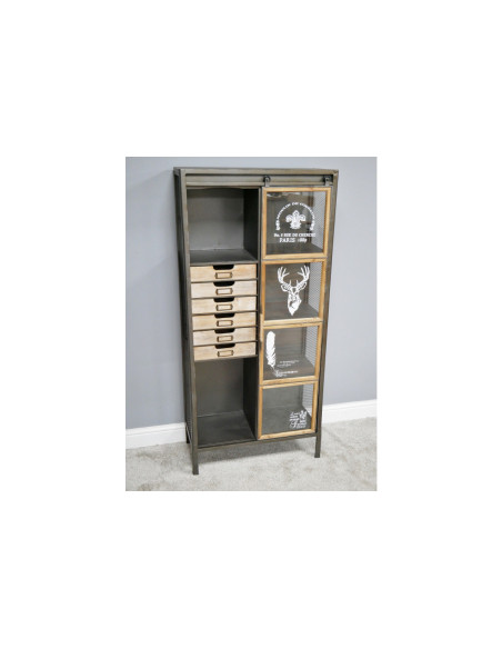Armoire haute en bois et métal porte coulissante