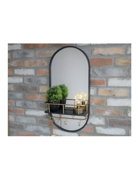 Miroir ovale en métal avec étagère et crochets
