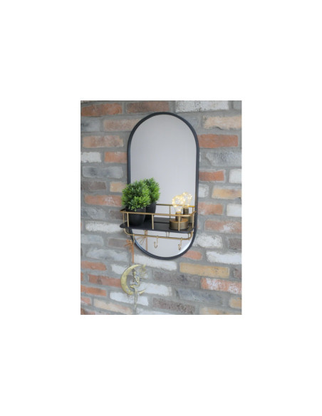 Miroir ovale en métal avec étagère et crochets