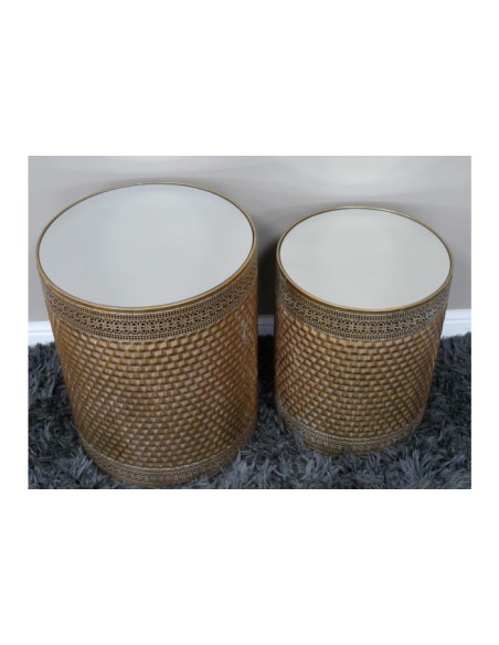 Lot de 2 tables d'appoint en métal doré plateau miroir