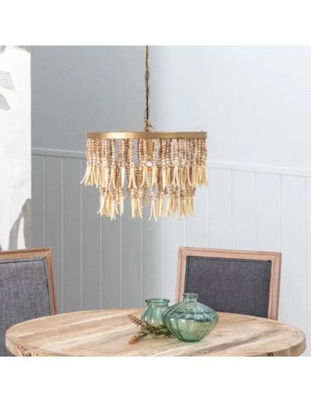 Lustre rond à deux étages en perles de bois
