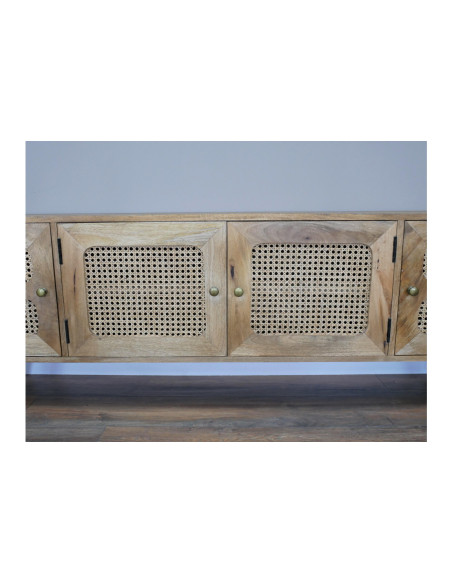 Grand meuble TV aux portes ajourées en rotin 180 cm