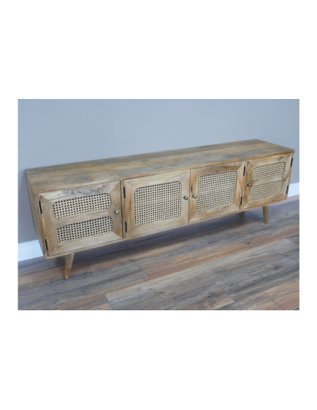 Grand meuble TV aux portes ajourées en rotin 180 cm