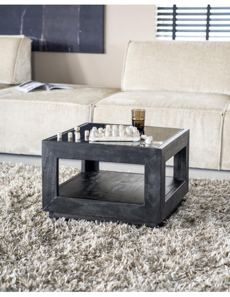 Table basse carrée en manguier et verre Liam