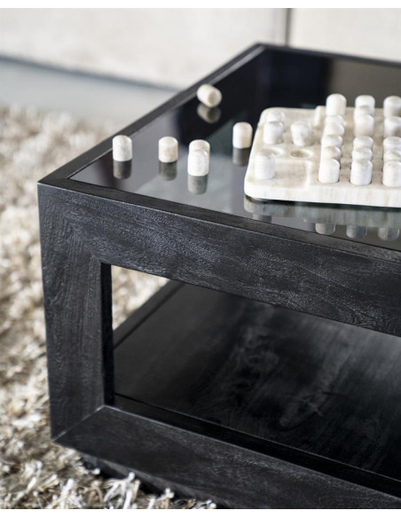 Table basse carrée en manguier et verre Liam