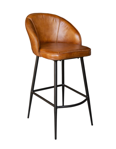 Fauteuil haut de bar en cuir cognac Gaël