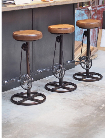 Tabouret de bar assise en cuir cognac vélo