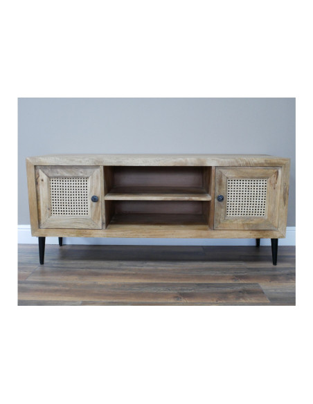 Meuble TV en acacia et portes en rotin