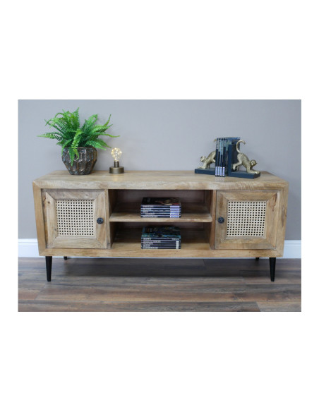 Meuble TV en acacia et portes en rotin