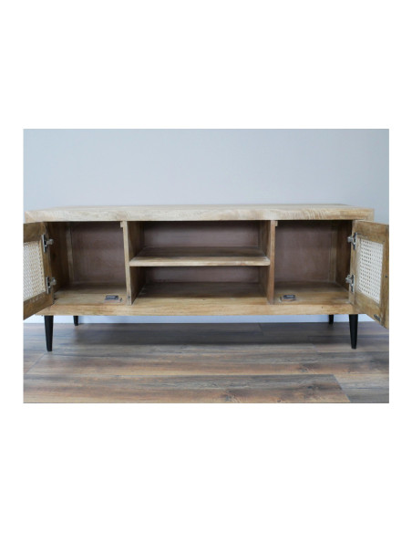 Meuble TV en acacia et portes en rotin