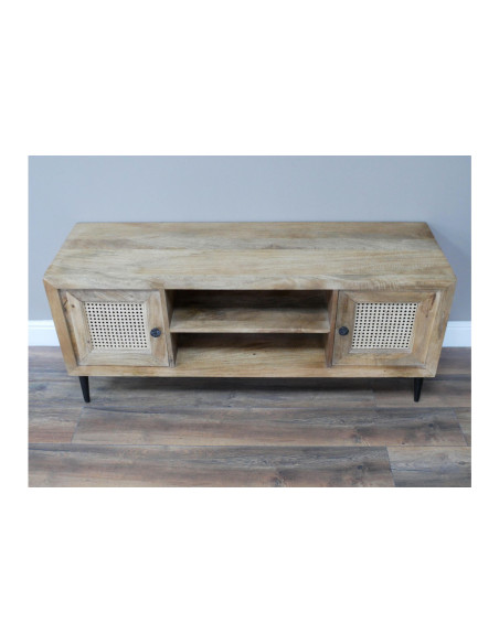 Meuble TV en acacia et portes en rotin