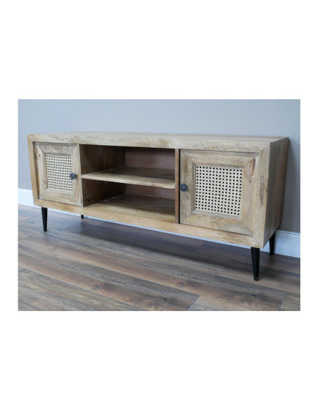 Meuble TV en acacia et portes en rotin