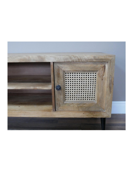 Meuble TV en acacia et portes en rotin