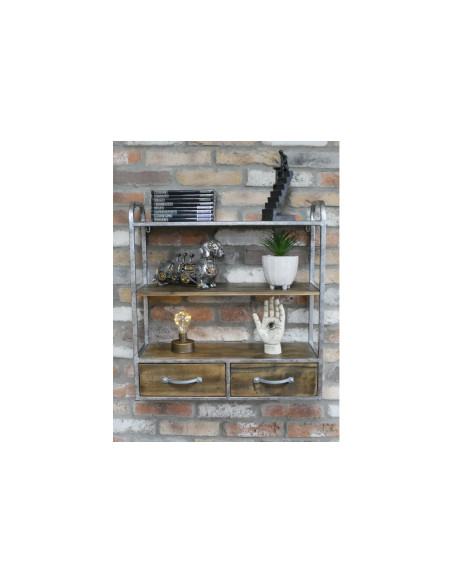 Etagère murale avec tiroirs en métal vieilli et bois