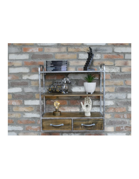 Etagère murale avec tiroirs en métal vieilli et bois