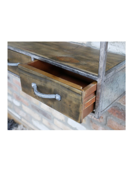 Etagère murale avec tiroirs en métal vieilli et bois