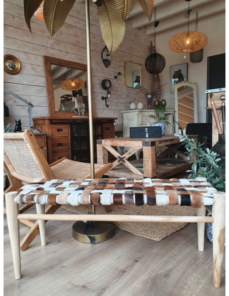 Banc en peau de chèvre et teck naturel